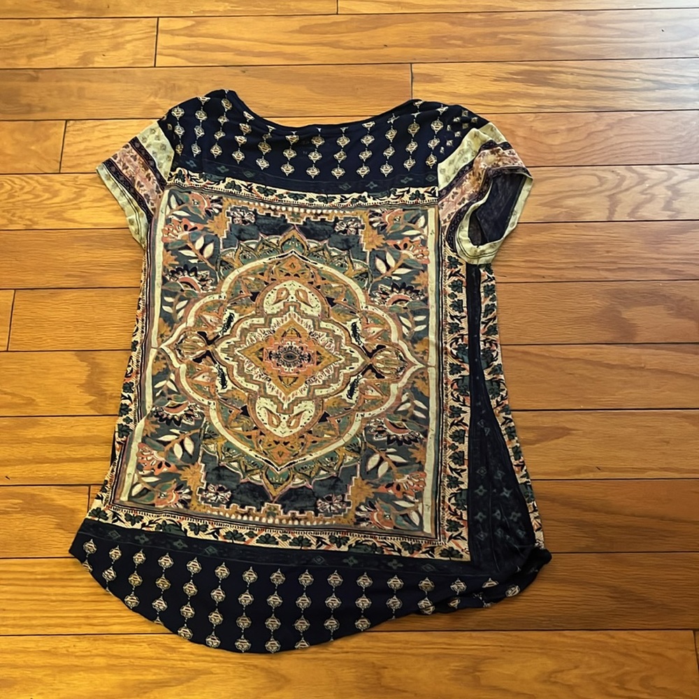 Lucky Brand Top Womens Medium Blue Multicolor Persian Carpet Tee Casual - Picture 8 of 15